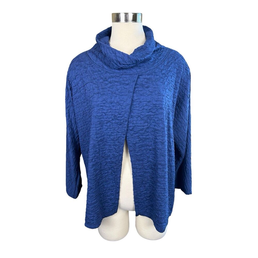 Lisa Bayne Puckered Hudson Topper Open Front Top Funnel Neck Blue Sz XL